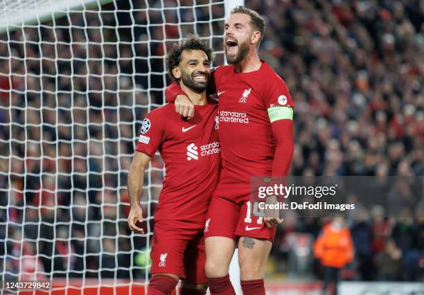 Mohamed Salah of Liverpool FC celebrates after scoring his team's second goal with Jordan Henderson of Liverpool FC during the UEFA Champions League...