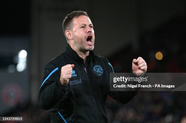 Queens Park Rangers manager Michael Beale celebrates after the Sky Bet Championship match at Bramall Lane, Sheffield. Picture date: Tuesday October...