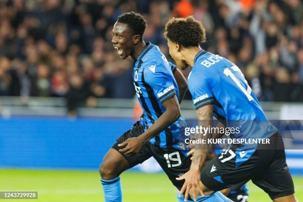 Club's Kamal Sowah celebrates after scoring during a soccer game between Belgian Club Brugge KV and Spanish Atletico de Madrid, Tuesday 04 October...
