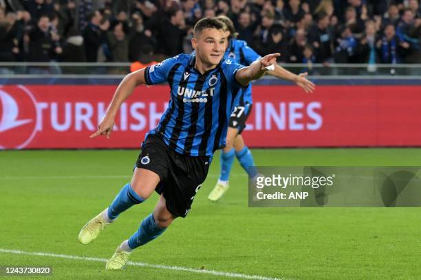 Ferran Jutgla of Club Brugge celebrates his goal during the UEFA Champions League Group B match between Club Brugge and Atletico Madrid at the Jan...