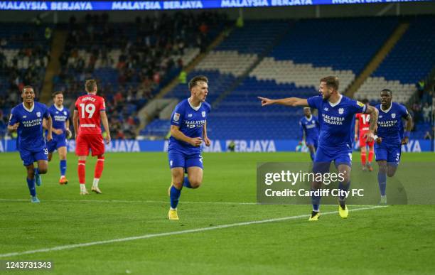 Mark Harris celebrates scoring for Cardiff City FC during the Sky Bet Championship between Cardiff City and Blackburn Rovers at Cardiff City Stadium...