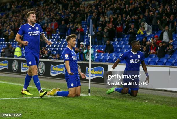 Mark Harris celebrates scoring for Cardiff City FC during the Sky Bet Championship between Cardiff City and Blackburn Rovers at Cardiff City Stadium...