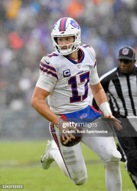 Bills quarterback Josh Allen runs for a touchdown during the Buffalo Bills versus Baltimore Ravens NFL game at M&T Bank Stadium on October 2, 2022 in...