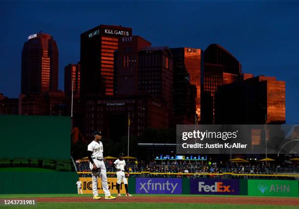 Ke'Bryan Hayes and Oneil Cruz of the Pittsburgh Pirates look on against the St. Louis Cardinals during the game at PNC Park on October 4, 2022 in...