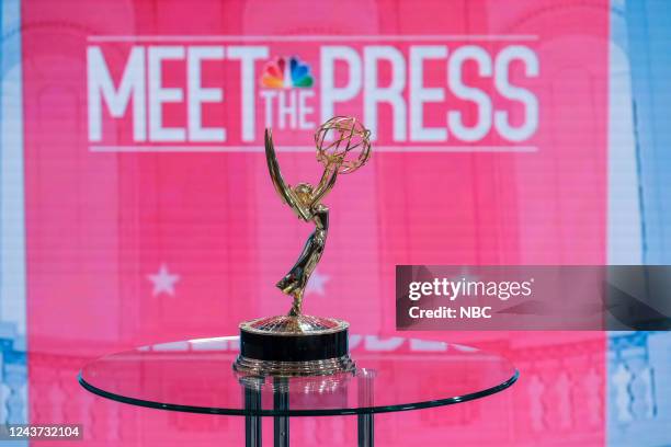 Pictured: The Emmy Award is pictured on Meet the Press set in Washington, D.C. Sunday, Oct. 2, 2022. --