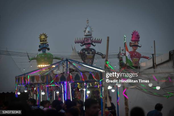 Effigies of Ravana, Kumbhkarna and others on the eve of the Dussehra festival at Ramlila Ground on October 4, 2022 in New Delhi, India.