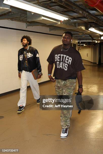 Brandon Ingram and Zion Williamson of the New Orleans Pelicans arrive to the arena before the game against the Chicago Bulls on October 4, 2022 at...