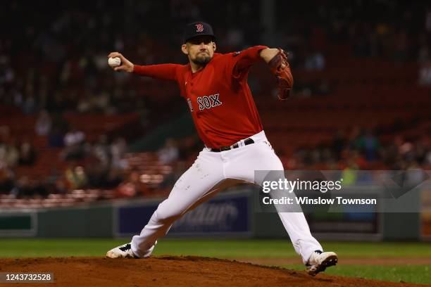 Nathan Eovaldi of the Boston Red Sox pitches against the Tampa Bay Rays during the second inning at Fenway Park on October 4, 2022 in Boston,...