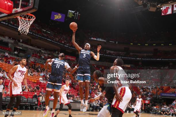 Jaden McDaniels of the Minnesota Timberwolves grabs the rebound during the game against the Miami Heat on October 4, 2022 at FTX Arena in Miami,...