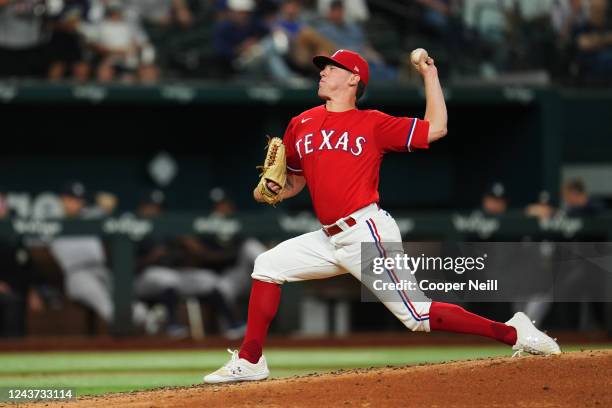 Kolby Allard of the Texas Rangers pitches in the third inning during the game between the New York Yankees and the Texas Rangers at Globe Life Field...