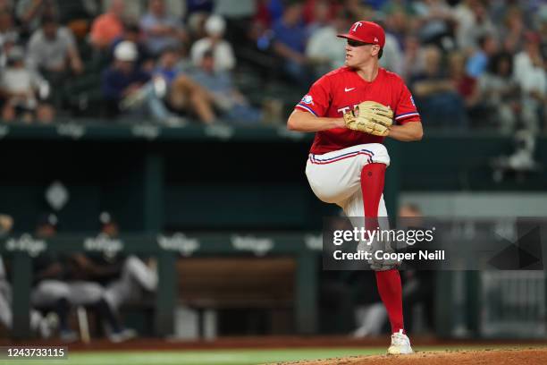 Kolby Allard of the Texas Rangers pitches in the third inning during the game between the New York Yankees and the Texas Rangers at Globe Life Field...