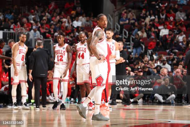 DeMar DeRozan of the Chicago Bulls looks on during the game against the New Orleans Pelicans on October 4, 2022 at United Center in Chicago,...