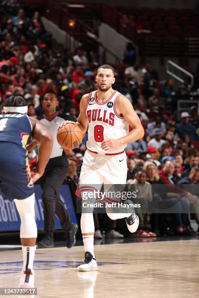 Zach LaVine of the Chicago Bulls dribbles the ball during the game against the New Orleans Pelicans on October 4, 2022 at United Center in Chicago,...