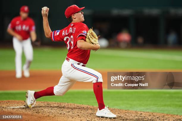 Kolby Allard of the Texas Rangers pitches in the fifth inning during the game between the New York Yankees and the Texas Rangers at Globe Life Field...