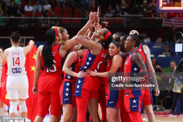 Team USA celebrate winning the World Cup Final during the FIBA Women's Basketball World Cup Final between USA and China at Sydney Super Dome on...