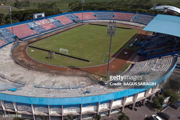 This picture on October 4, 2022 shows an aerial view of the Kanjuruhan stadium in Malang, scene of the October 1 stadium stampede that killed 131...