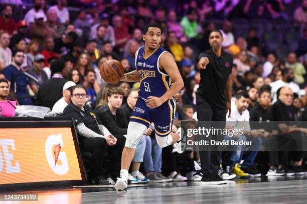 Tremont Waters of Metropolitans 92 handles the ball during the game against the G League Ignite on October 4, 2022 at The Dollar Loan Center Arena in...