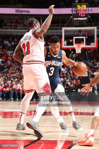 McCollum of the New Orleans Pelicans drives to the basket during the game against the Chicago Bulls on October 4, 2022 at United Center in Chicago,...