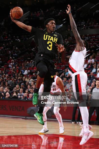 Stanley Johnson of the Utah Jazz drives to the basket during the game against the Portland Trail Blazers on October 4, 2022 at the Moda Center Arena...