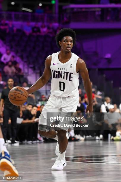 Scoot Henderson of the G League Ignite handles the ball during the game against Metropolitans 92 on October 4, 2022 at The Dollar Loan Center Arena...