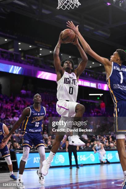 Scoot Henderson of the G League Ignite drives to the basket during the game against Metropolitans 92 on October 4, 2022 at The Dollar Loan Center...