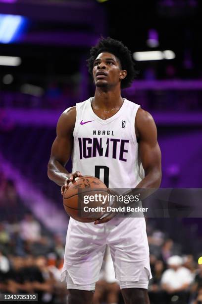 Scoot Henderson of the G League Ignite looks on during the game against Metropolitans 92 on October 4, 2022 at The Dollar Loan Center Arena in...