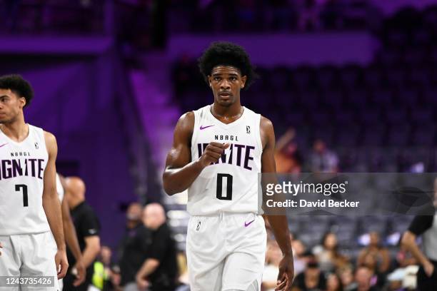 Scoot Henderson of the G League Ignite looks on during the game against Metropolitans 92 on October 4, 2022 at The Dollar Loan Center Arena in...