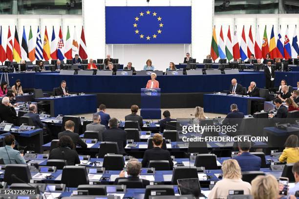 European Commission President Ursula von der Leyen delivers a speech during a debate on the Russian invasion of Ukraine, during a plenary session at...