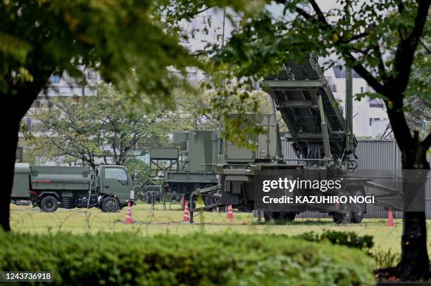 This picture shows a Japan Air Self-Defense Force ground-based missile interceptor Patriot system deployed next to the Ministry of Defense in Tokyo...