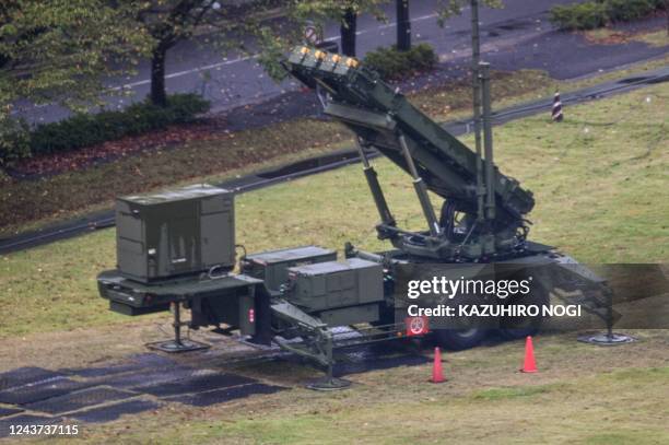 This picture shows a Japan Air Self-Defense Force ground-based missile interceptor Patriot system deployed next to the Ministry of Defense in Tokyo...