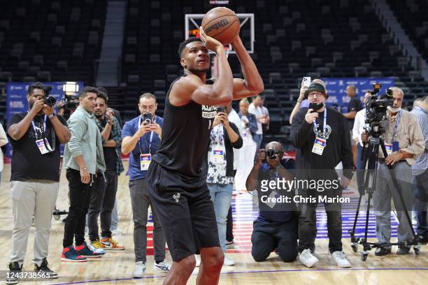 Giannis Antetokounmpo of the Milwaukee Bucks shoots the ball during practice and media availability as part of 2022 NBA Global Games Abu Dhabi at...