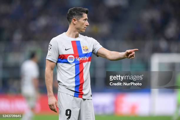 Robert Lewandowski of FC Barcelona gestures during the UEFA Champions League Group Stage match between FC Internazionale and FC Barcelona at Stadio...
