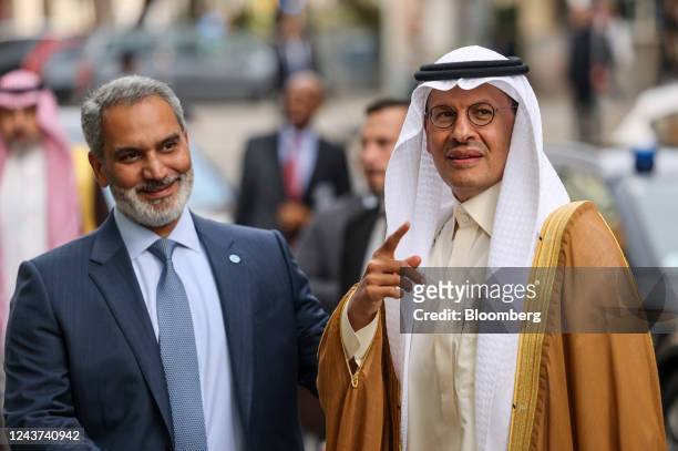 Haitham al-Ghais, secretary-general of Organization of Petroleum Exporting Countries , left, greets Abdulaziz bin Salman, Saudi Arabia's energy...