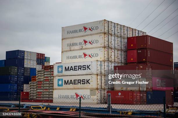 Shipping containers stand stacked at Hamburg Port on October 5, 2022 in Hamburg, Germany. The German economy, and German industry in particular, are...