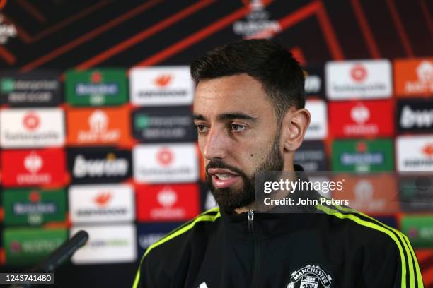 Bruno Fernandes of Manchester United answers questions from the media during a Press Conference at Carrington Training Ground on October 5, 2022 in...