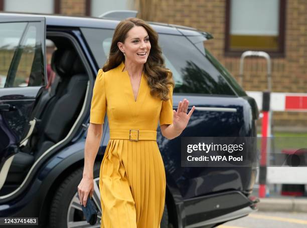 Catherine, Princess of Wales arrives for a visit to the Royal Surrey County Hospital's Maternity Unit at Royal Surrey County Hospital on October 5,...