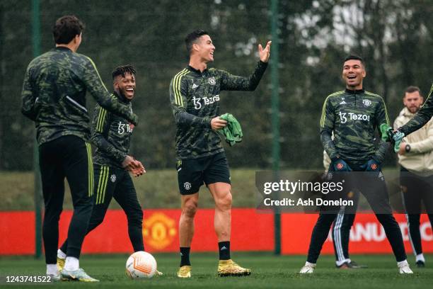 Cristiano Ronaldo of Manchester United reacts during a Manchester United training session at at Carrington Training Ground on October 5, 2022 in...