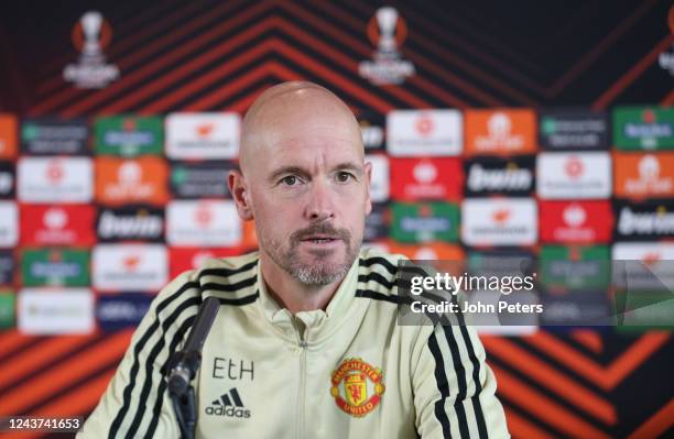 Manchester United Head Coach / Manager Erik ten Hag answers questions from the media during a Press Conference at Carrington Training Ground on...