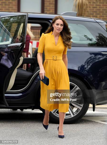 Catherine, Princess of Wales arrives for a visit to the Royal Surrey County Hospital's Maternity Unit at Royal Surrey County Hospital on October 5,...