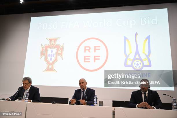 Portuguese Football Federation President Fernando Santos, Spanish Football Federation President Luis Rubiales and Ukraine Football Federation...