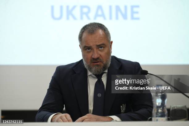 Ukraine Football Federation President Andriy Pavelko during the 2030 FIFA World Cup Bid Press Conference at the UEFA Headquarters, The House of the...