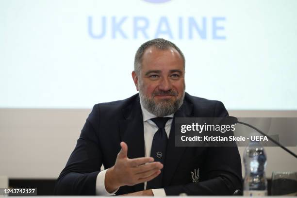 Ukraine Football Federation President Andriy Pavelko during the 2030 FIFA World Cup Bid Press Conference at the UEFA Headquarters, The House of the...