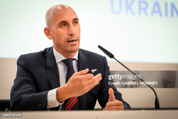 President of the Spanish Football Federation Luis Rubiales speaks during a press conference to announce Spain, Portugal and Ukraines bid for the 2030...