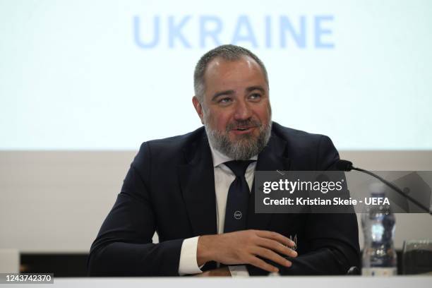 Ukraine Football Federation President Andriy Pavelko during the 2030 FIFA World Cup Bid Press Conference at the UEFA Headquarters, The House of the...