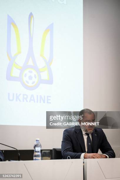 President of the Ukraine Football Federation Andriy Pavelko speaks during a press conference to announce Spain, Portugal and Ukraines bid for the...