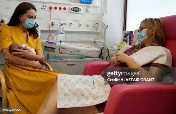 Britain's Catherine, Princess of Wales, wearing a face mask to help mitigate the possible spread of Covid-19, speaks to mew mother Sylvia Novak,...