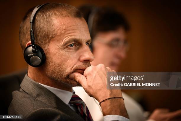 President Aleksander Ceferin looks on during a press conference to announce Spain, Portugal and Ukraines bid for the 2030 World Cup at the UEFA...