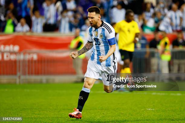 Argentina forward Lionel Messi celebrates after scoring during the international friendly soccer game between Argentina and Jamaica on September 27,...