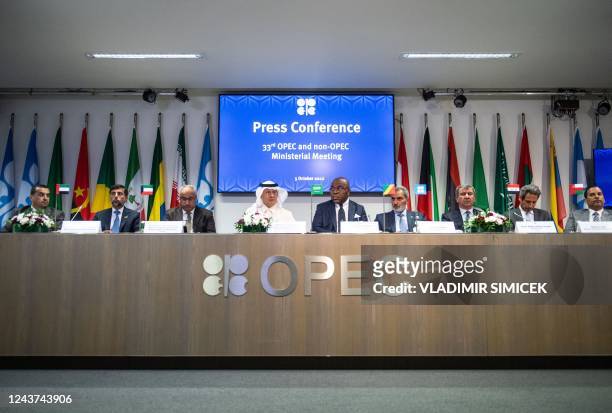 Representatives of OPEC member countries attend a press conference after the 45th Joint Ministerial Monitoring Committee and the 33rd OPEC and...