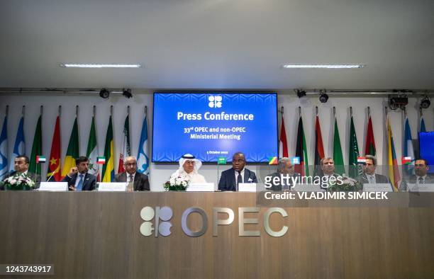 Representatives of OPEC member countries attend a press conference after the 45th Joint Ministerial Monitoring Committee and the 33rd OPEC and...